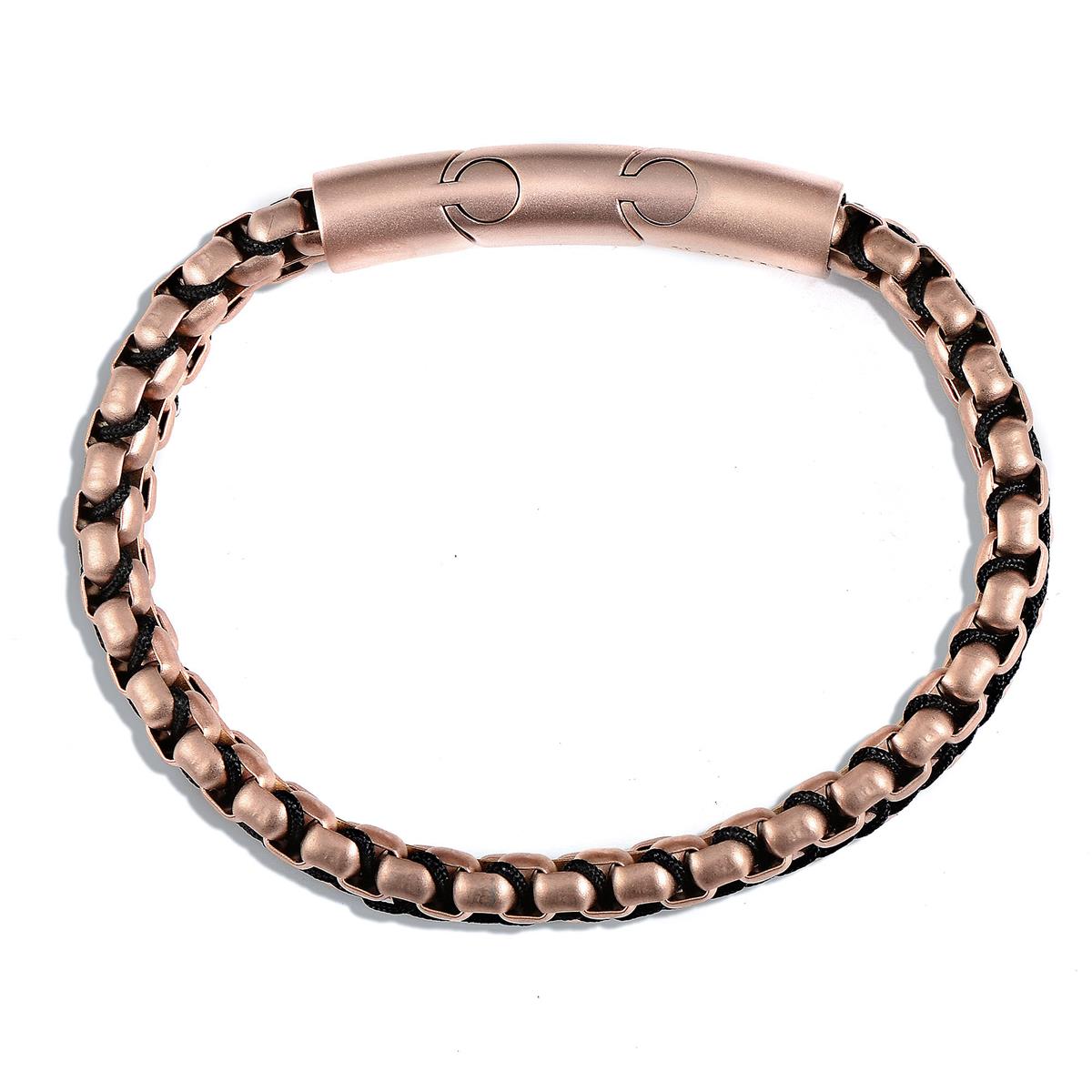 Crucible Jewelry Rose Gold Matte Finish Stainless Steel Double Row Box Chain Bracelet with Black Nylon Cord