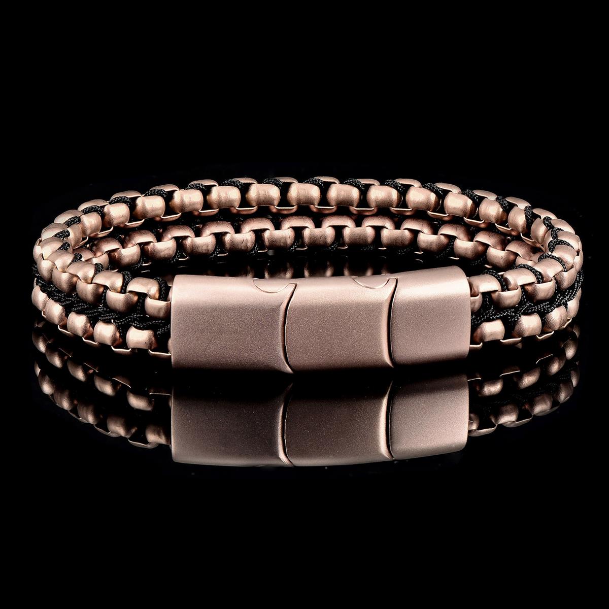 Crucible Jewelry Rose Gold Matte Finish Stainless Steel Double Row Box Chain Bracelet with Black Nylon Cord