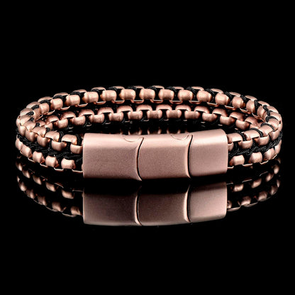 Crucible Jewelry Rose Gold Matte Finish Stainless Steel Double Row Box Chain Bracelet with Black Nylon Cord