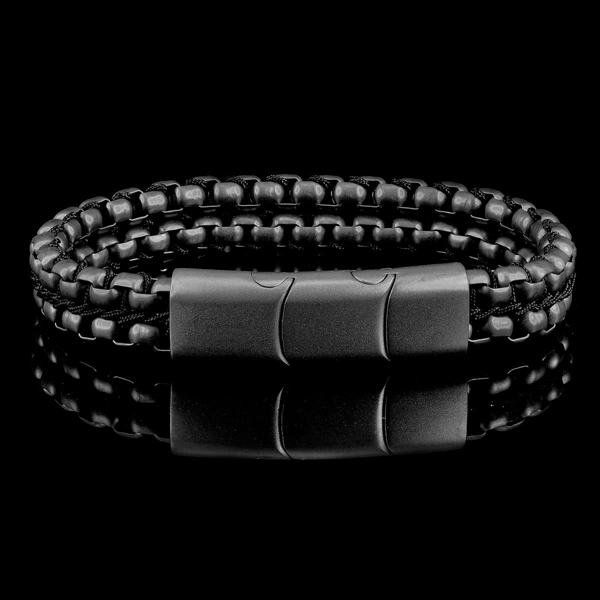 Crucible Jewelry Rose Gold Matte Finish Stainless Steel Double Row Box Chain Bracelet with Black Nylon Cord