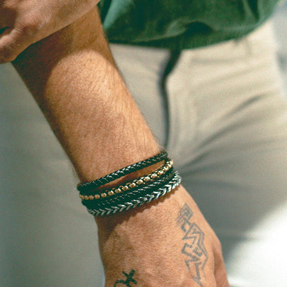 Polished Black Leather and Box Chain Bracelet with Black Nylon Cord