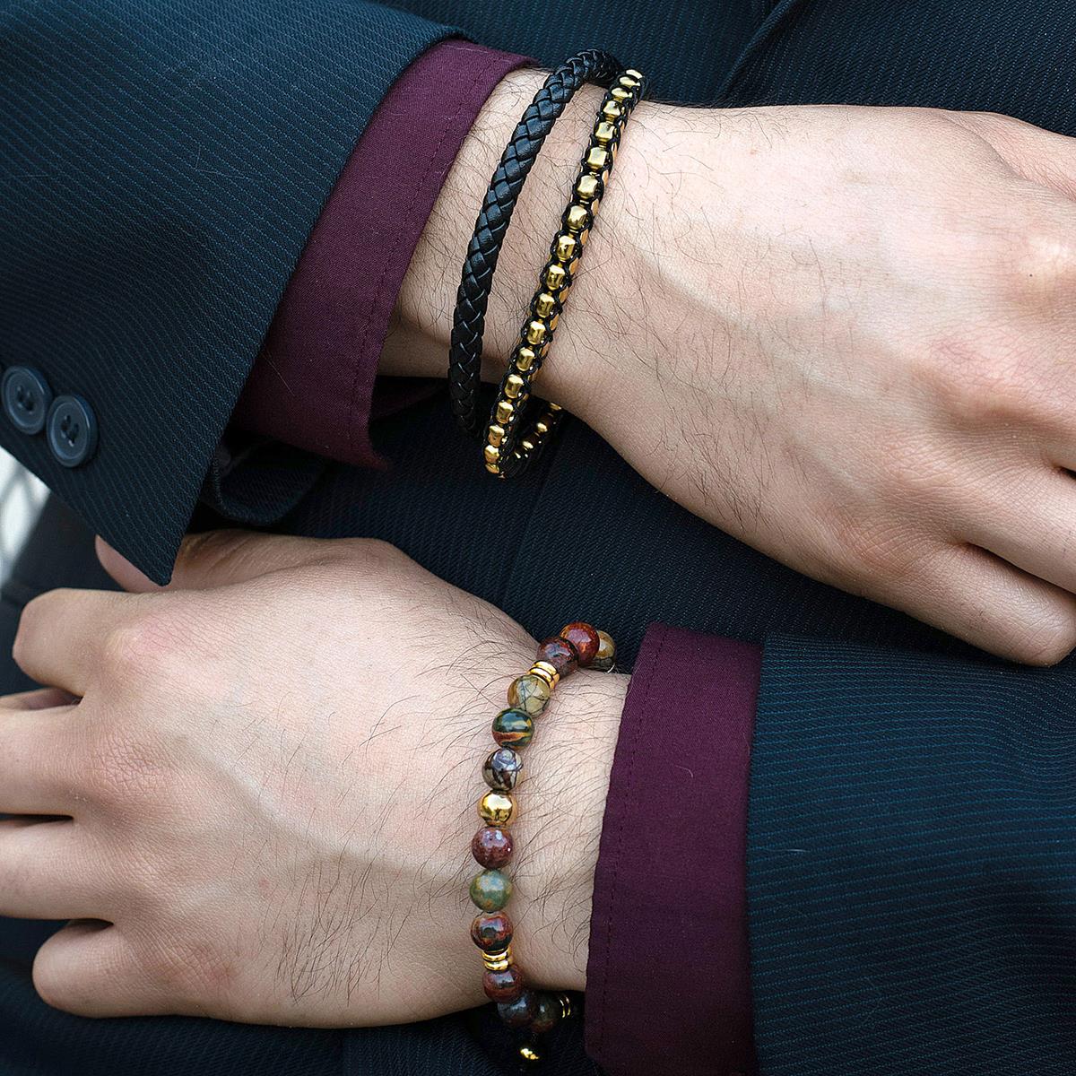 Polished Black Leather and Box Chain Bracelet with Black Nylon Cord