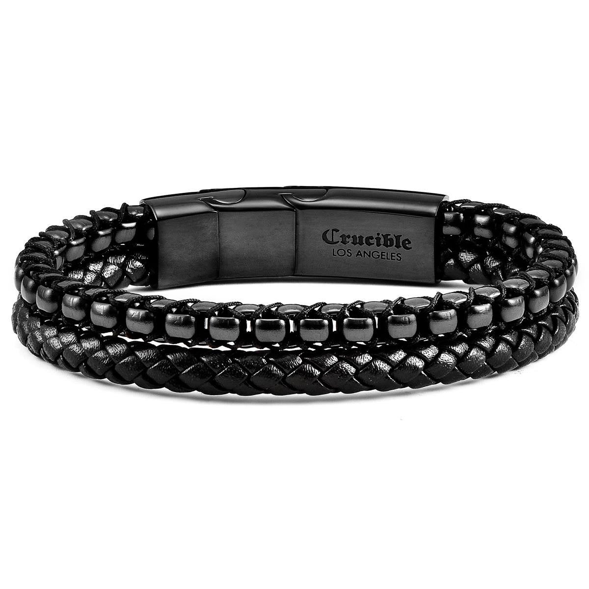 Black Polished Stainless Steel Black Leather and Box Chain Bracelet with Black Nylon Cord