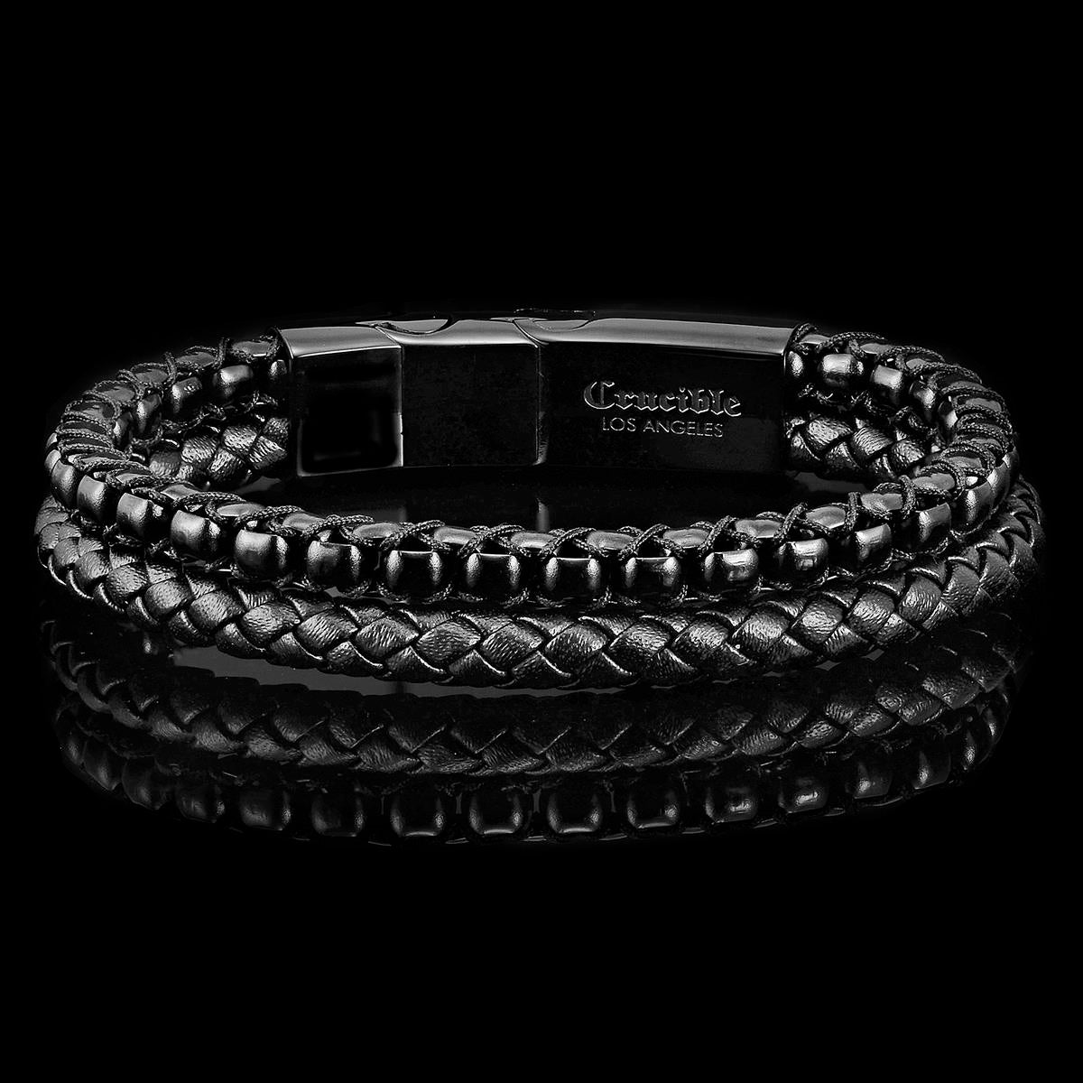 Black Polished Stainless Steel Black Leather and Box Chain Bracelet with Black Nylon Cord