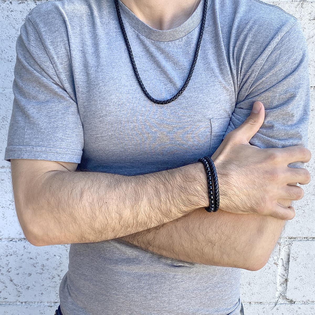 Black Polished Stainless Steel Black Leather and Box Chain Bracelet with Black Nylon Cord