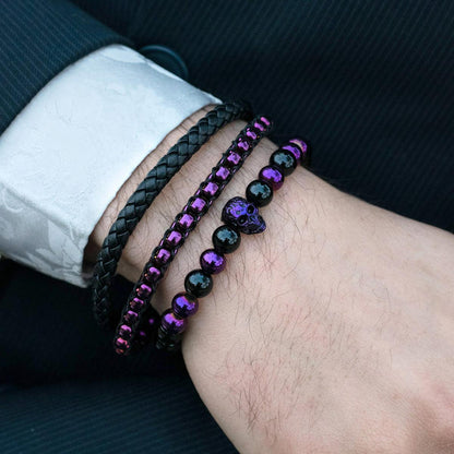 Polished Black Leather and Box Chain Bracelet with Black Nylon Cord