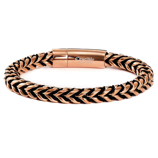 Crucible Jewelry Rose Gold Polished 8mm Stainless Steel Franco Chain Bracelet with Black Nylon Cord - 8"