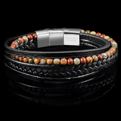 Black Leather with Picasso Jasper Bracelet