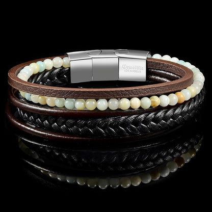 Black/Brown Leather with Matte Amazonite Bracelet