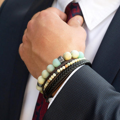 Black/Brown Leather with Matte Amazonite Bracelet