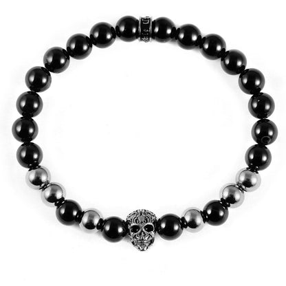 Crucible Jewelry Polished Stainless Steel Skull and Polished Black Onyx Strech Bracelet