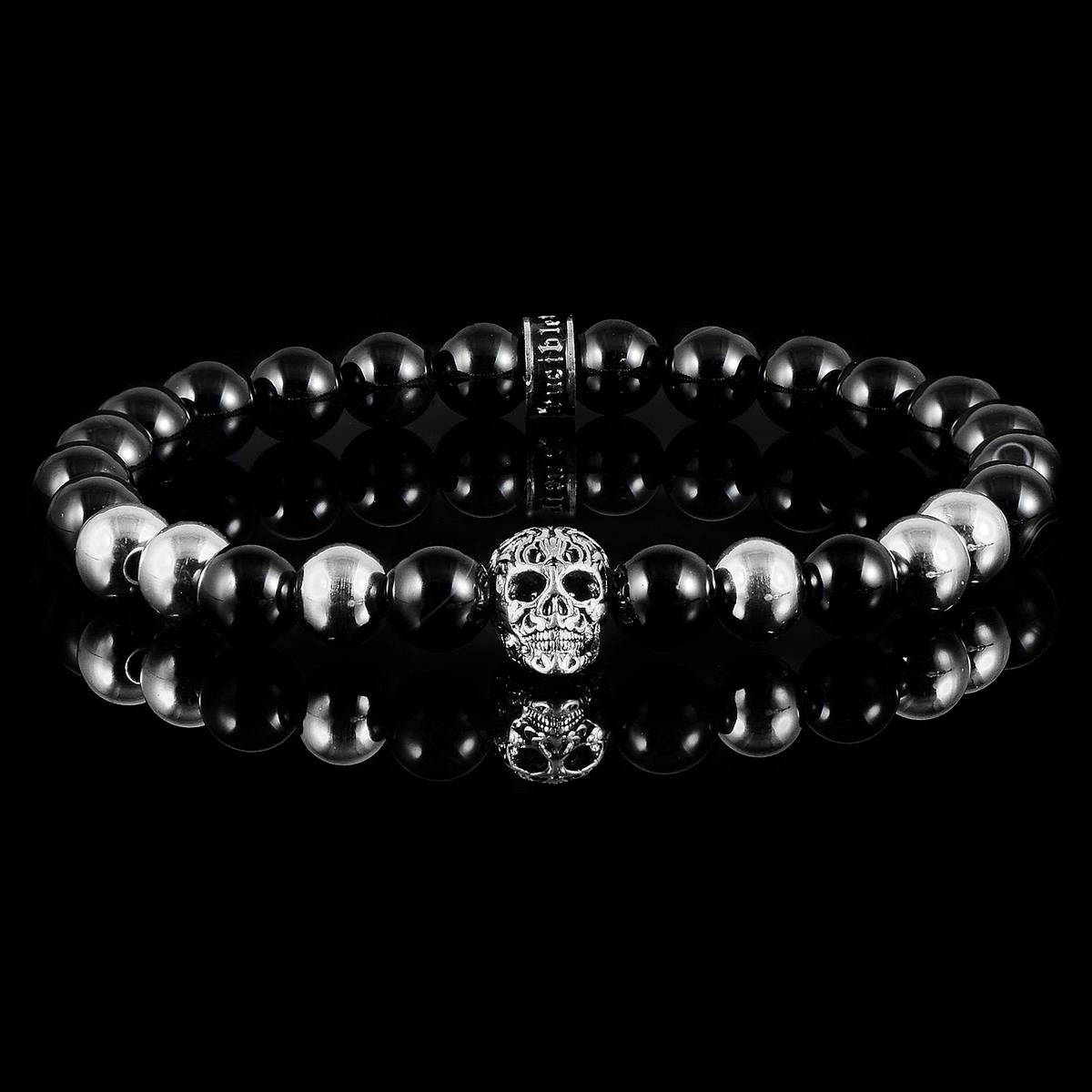 Crucible Jewelry Polished Stainless Steel Skull and Polished Black Onyx Strech Bracelet