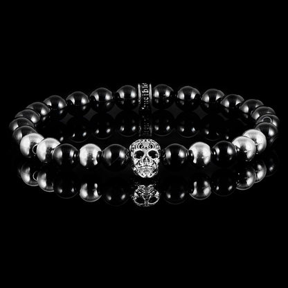 Crucible Jewelry Polished Stainless Steel Skull and Polished Black Onyx Strech Bracelet