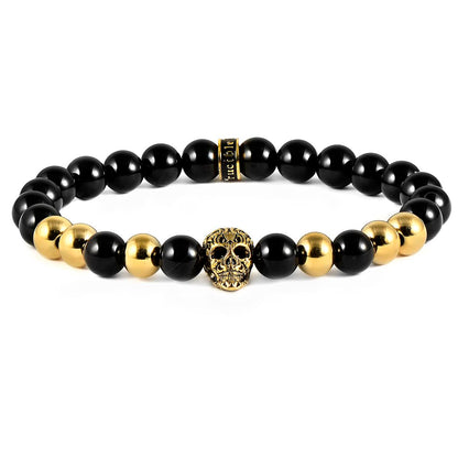 Polished Stainless Steel Skull and Polished Black Onyx Strech Bracelet