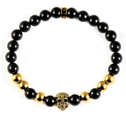 Polished Stainless Steel Skull and Polished Black Onyx Strech Bracelet