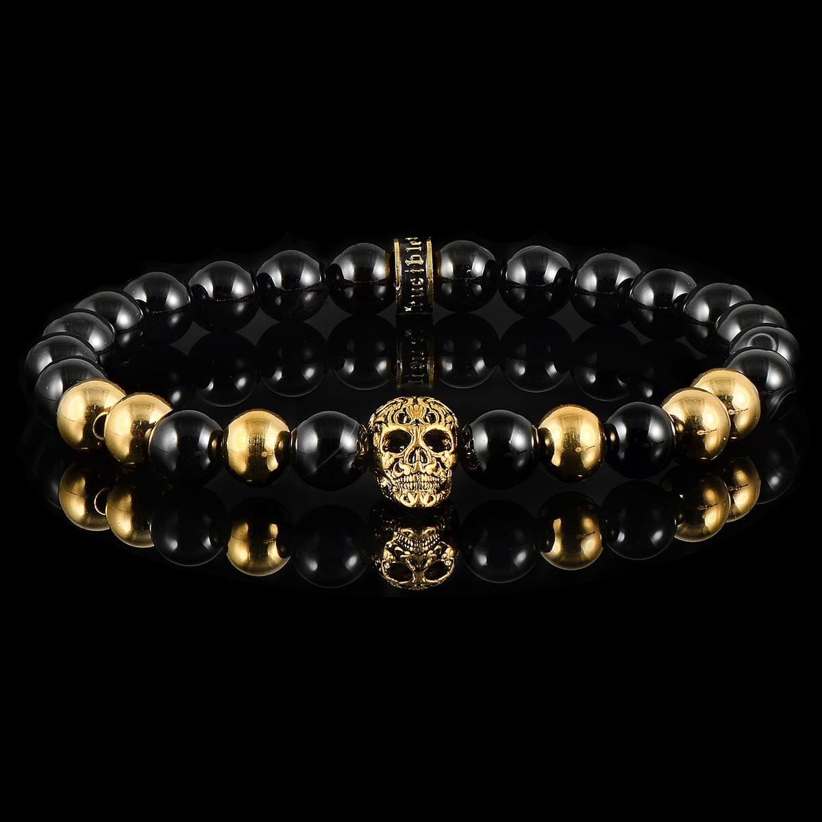 Crucible Jewelry Polished Stainless Steel Skull and Polished Black Onyx Strech Bracelet