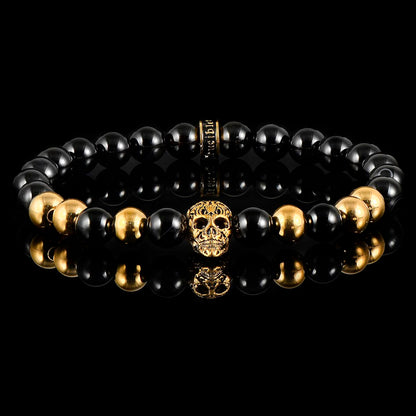 Crucible Jewelry Polished Stainless Steel Skull and Polished Black Onyx Strech Bracelet