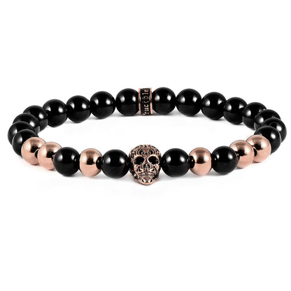 Polished Stainless Steel Skull and Polished Black Onyx Strech Bracelet