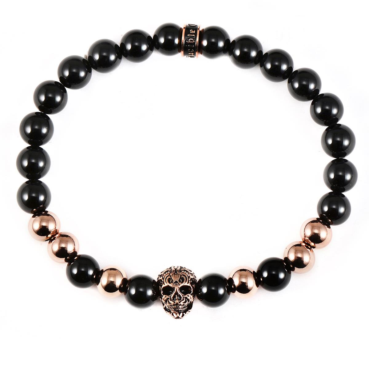 Crucible Jewelry Polished Stainless Steel Skull and Polished Black Onyx Strech Bracelet