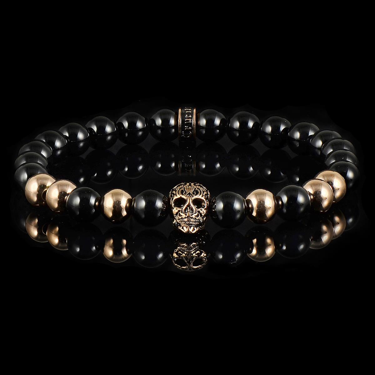 Crucible Jewelry Polished Stainless Steel Skull and Polished Black Onyx Strech Bracelet