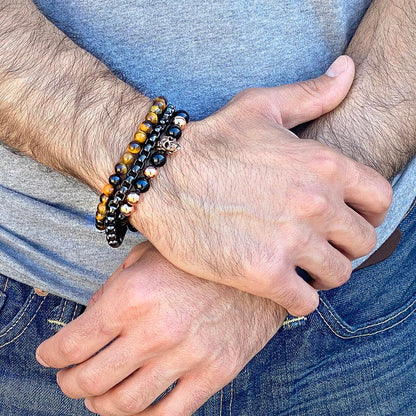 Polished Stainless Steel Skull and Polished Black Onyx Strech Bracelet