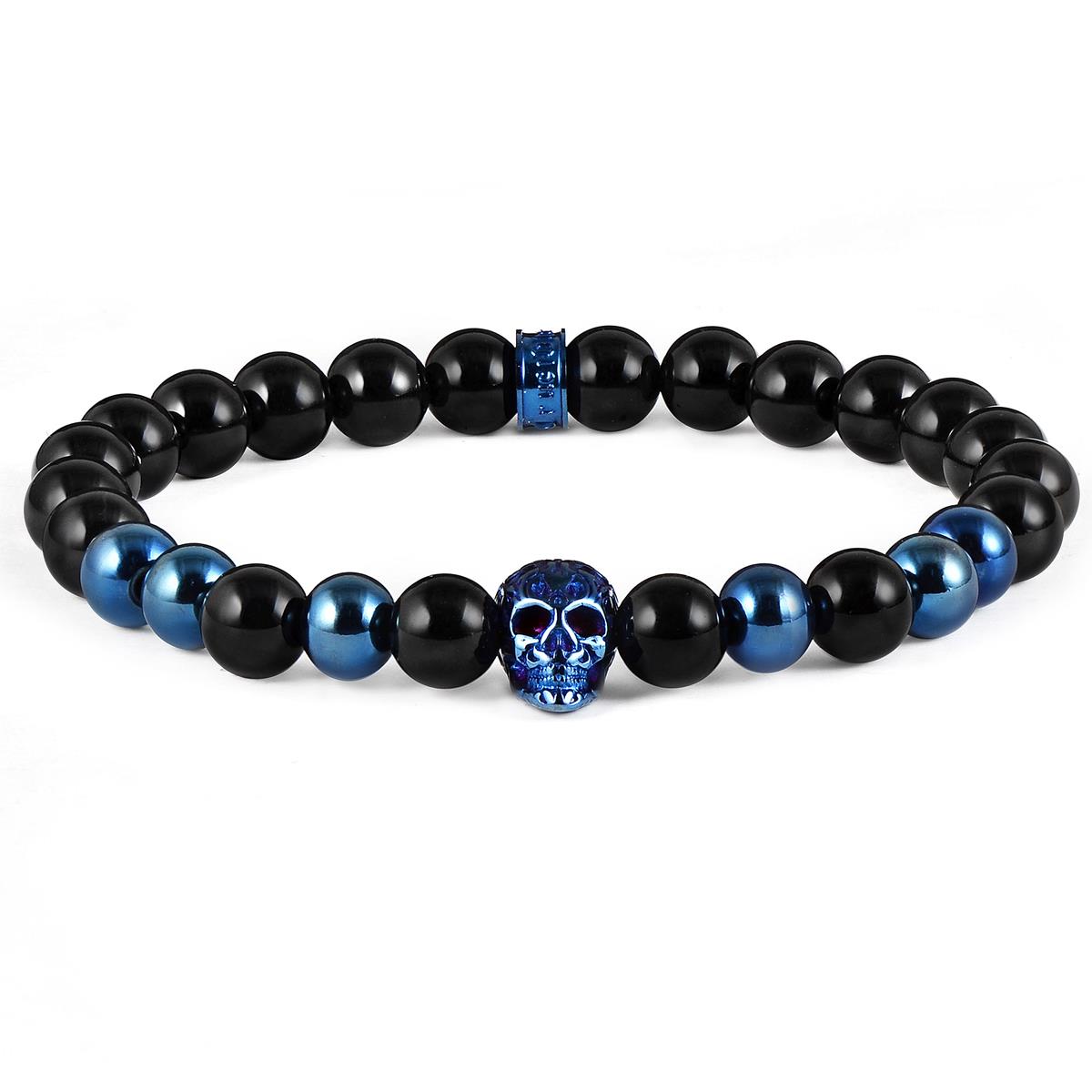 Polished Stainless Steel Skull and Polished Black Onyx Strech Bracelet