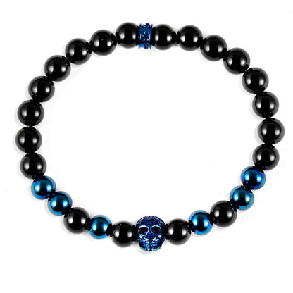 Polished Stainless Steel Skull and Polished Black Onyx Strech Bracelet