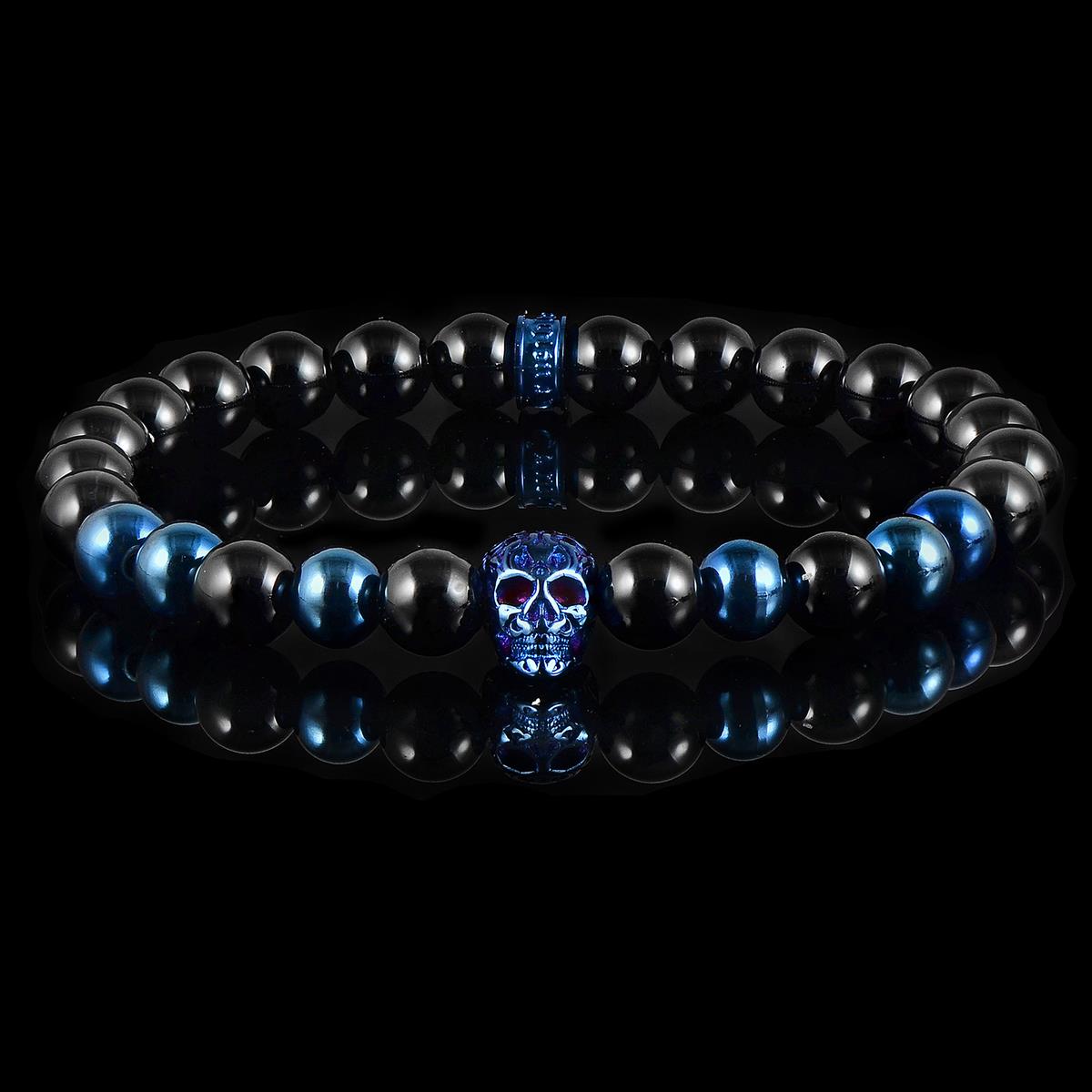 Crucible Jewelry Polished Stainless Steel Skull and Polished Black Onyx Strech Bracelet