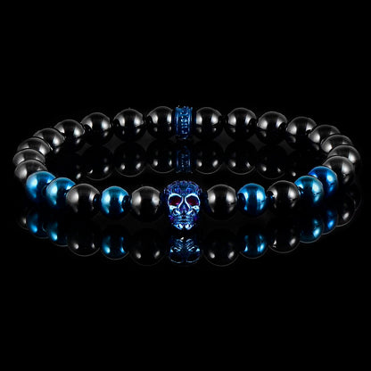 Crucible Jewelry Polished Stainless Steel Skull and Polished Black Onyx Strech Bracelet