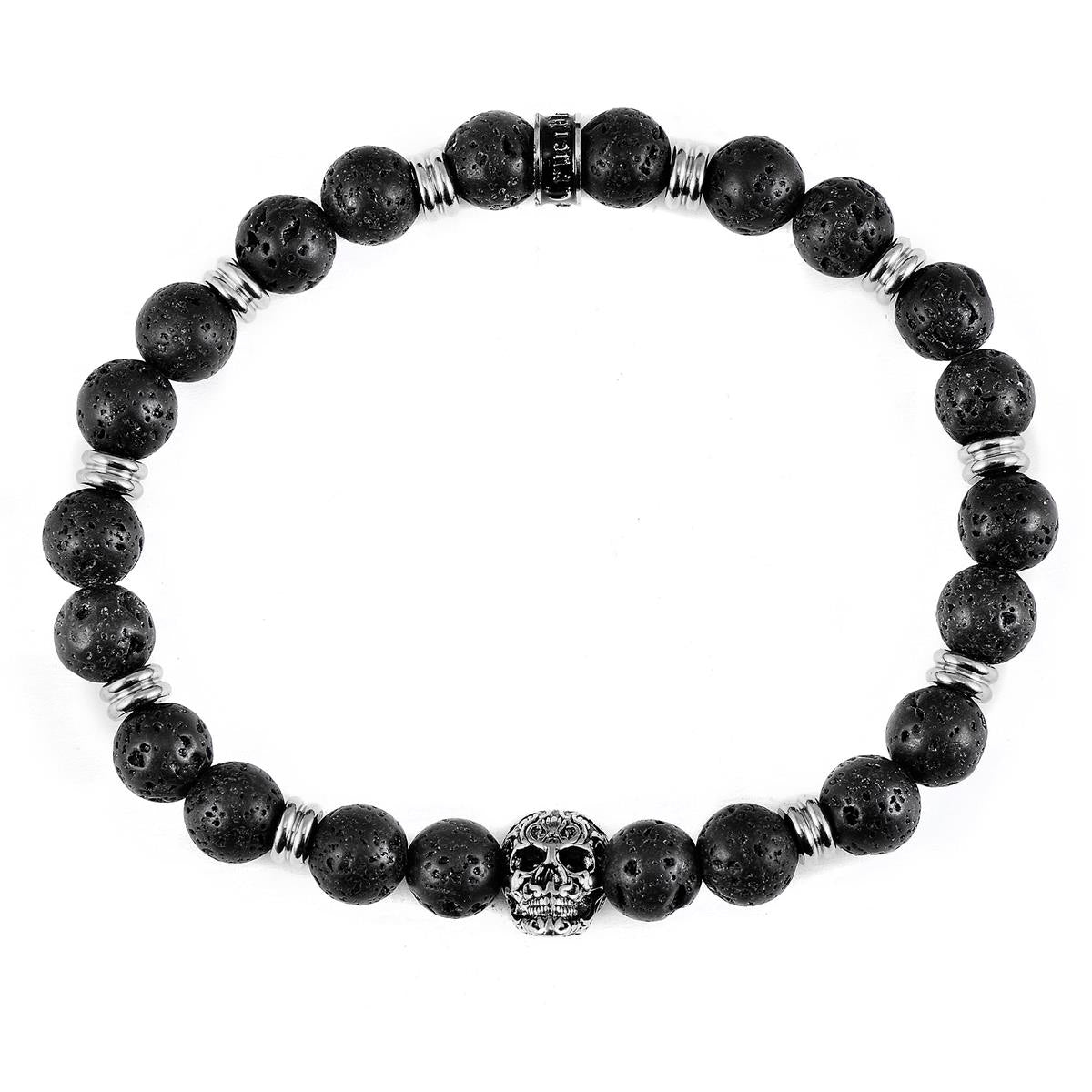 Polished Stainless Steel Skull and Black Lava Strech Bracelet