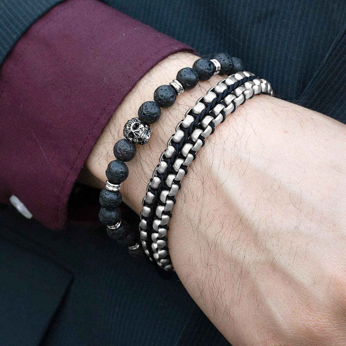 Polished Stainless Steel Skull and Black Lava Strech Bracelet