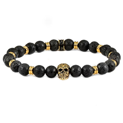 Polished Stainless Steel Skull and Black Lava Strech Bracelet