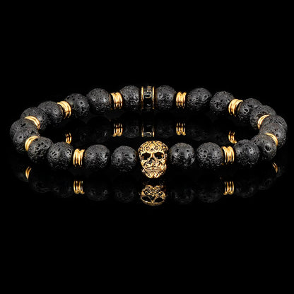 Polished Stainless Steel Skull and Black Lava Strech Bracelet