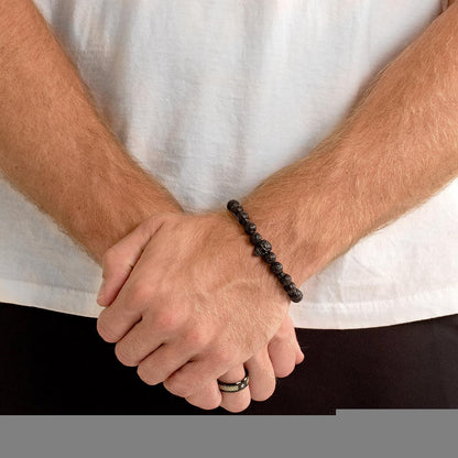 Men's Polished Skull and Black Lava Stone Bead Stretch Bracelet (8mm)
