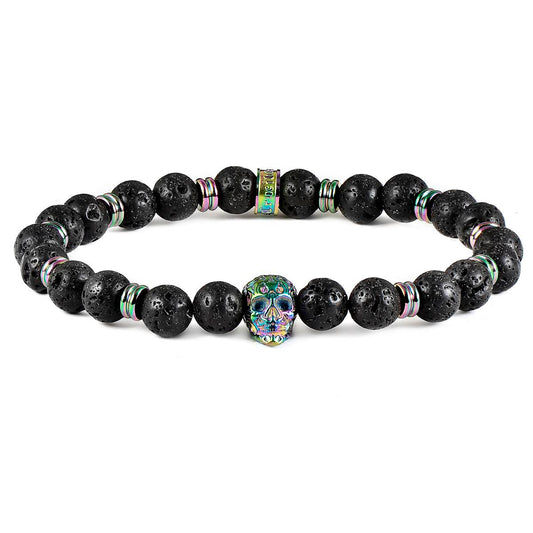 Men's Polished Skull and Black Lava Stone Bead Stretch Bracelet (8mm)