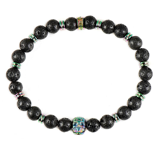 Men's Polished Skull and Black Lava Stone Bead Stretch Bracelet (8mm)