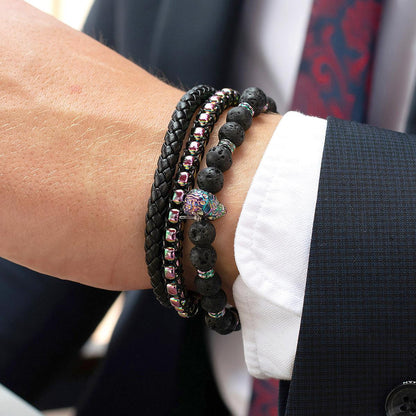 Polished Stainless Steel Skull and Black Lava Strech Bracelet