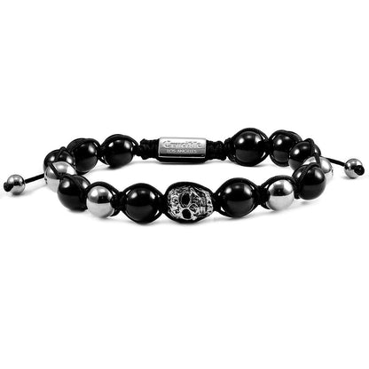 Polished Stainless Steel Skull and Polished Black Onyx Nylon Cord Bracelet