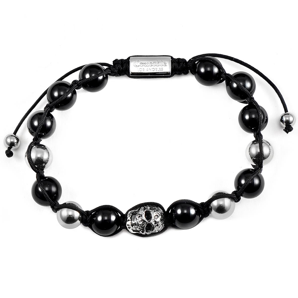 Polished Stainless Steel Skull and Polished Black Onyx Nylon Cord Bracelet