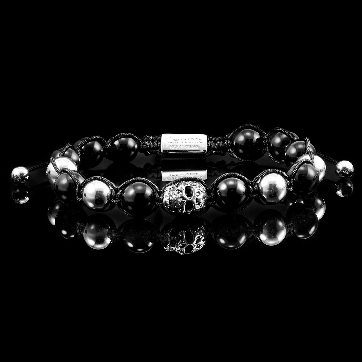 Polished Stainless Steel Skull and Polished Black Onyx Nylon Cord Bracelet