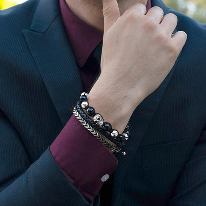 Polished Stainless Steel Skull and Polished Black Onyx Nylon Cord Bracelet