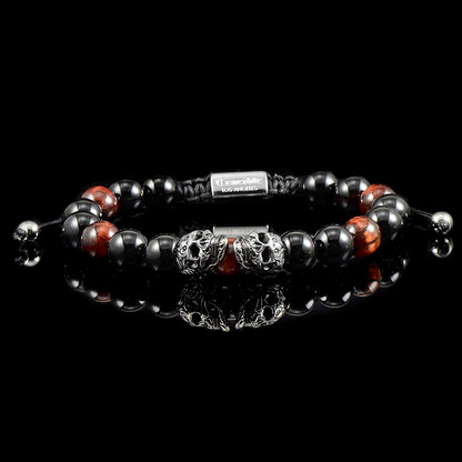 Double Skull Adjustable Bracelet with Red Tiger Eye and Black Onyx Beads