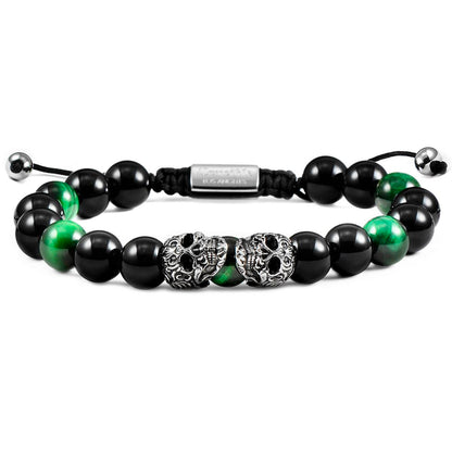 Double Skull Adjustable Bracelet with Green Tiger Eye and Black Onyx Beads