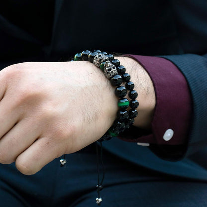 Double Skull Adjustable Bracelet with Green Tiger Eye and Black Onyx Beads