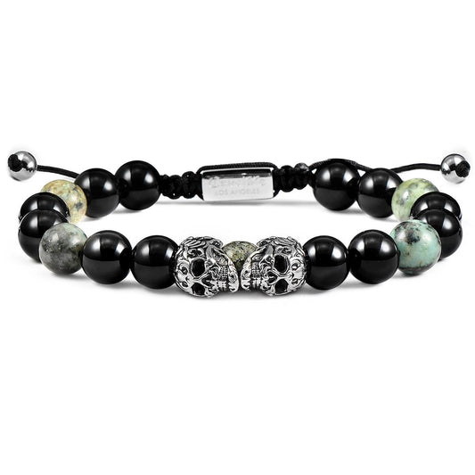 Crucible Jewelry Double Skull Adjustable Bracelet with Genuine African Turquoise and Black Onyx Beads
