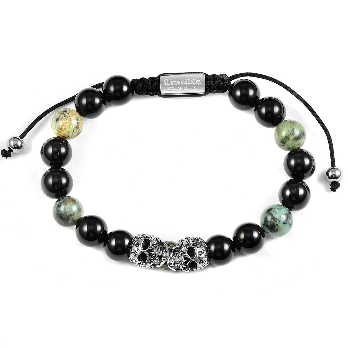 Crucible Jewelry Double Skull Adjustable Bracelet with Genuine African Turquoise and Black Onyx Beads