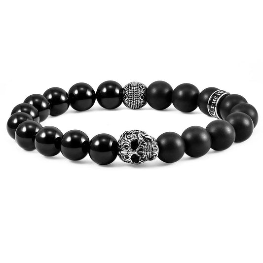 Crucible Jewelry Single Skull Stretch Bracelet with 10mm Matte and Polished Black Onyx Beads