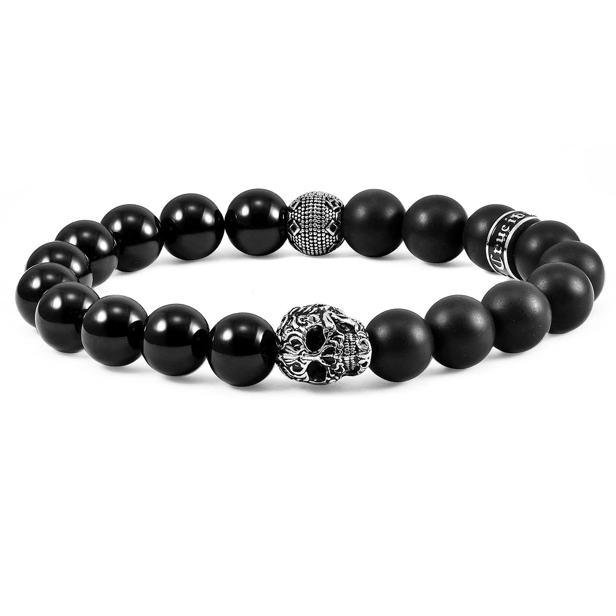 Single Skull Stretch Bracelet with 10mm Matte and Polished Black Onyx Beads