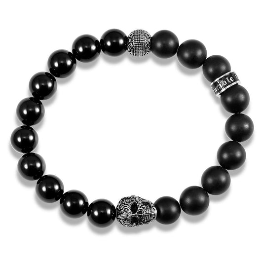 Crucible Jewelry Single Skull Stretch Bracelet with 10mm Matte and Polished Black Onyx Beads