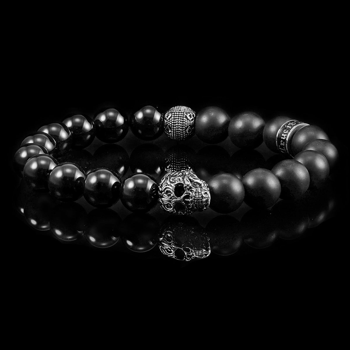 Single Skull Stretch Bracelet with 10mm Matte and Polished Black Onyx Beads